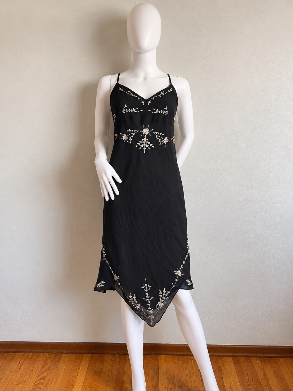 Black Slip Dress with Cream Floral Embroidery